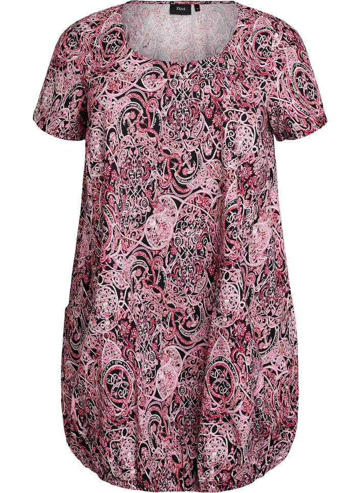 Kurz&auml;rmliges Baumwollkleid mit Aufdruck, Schwarz, Packshot image number 0
