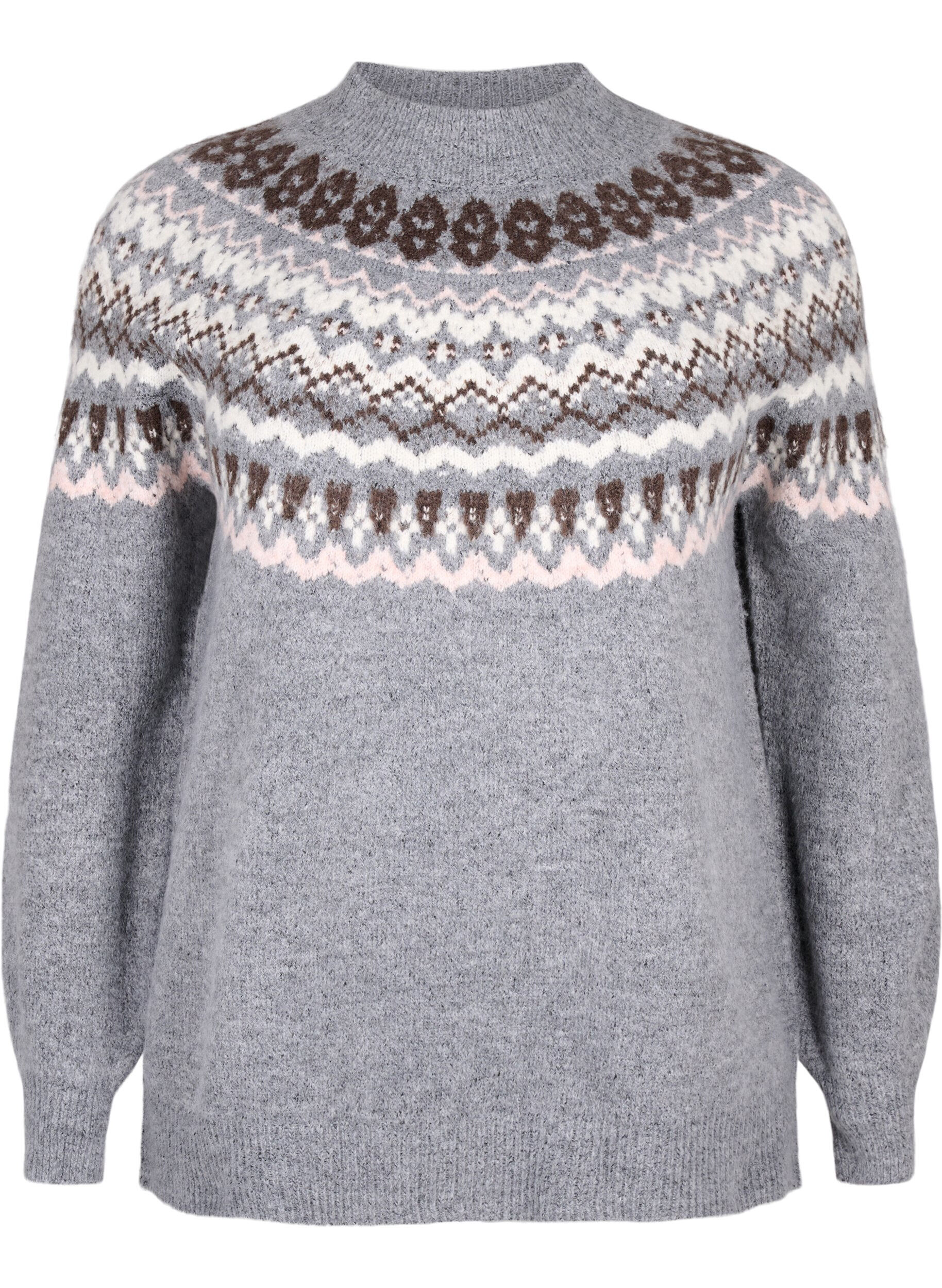 ZizziGestrickter Pullover mit Muster und langen &Auml;rmeln, Medium Grey Comb, Packshot image number 0