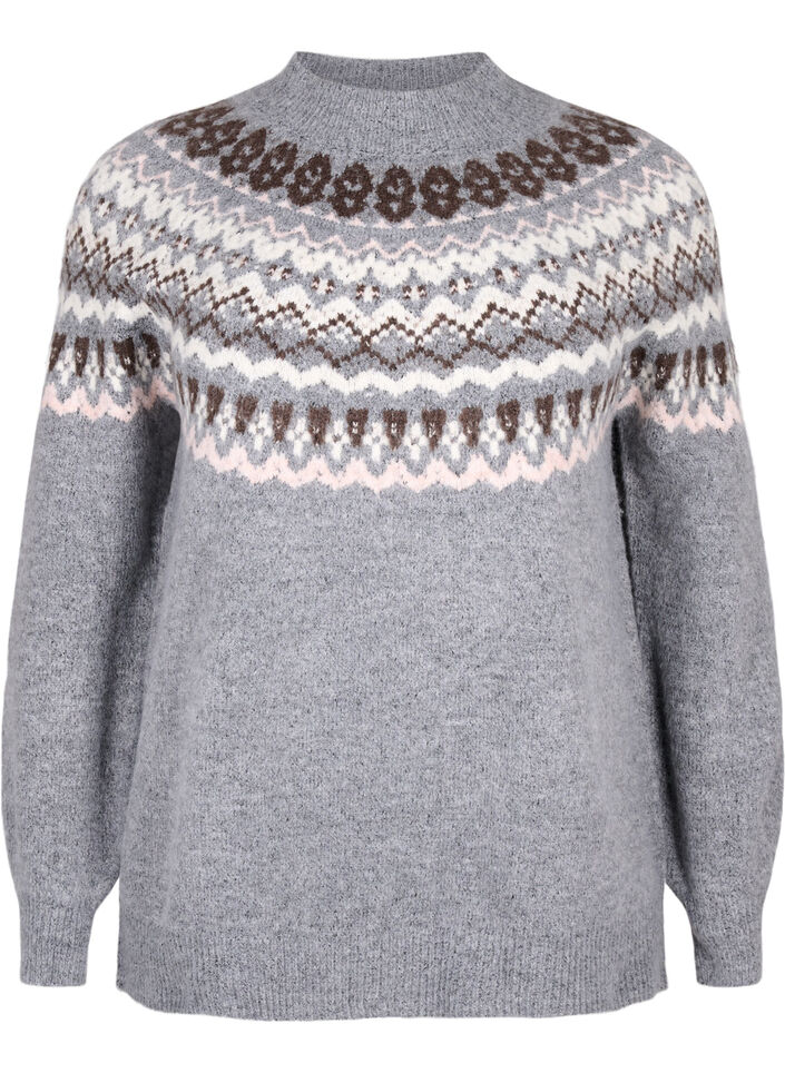 Gestrickter Pullover mit Muster und langen Ärmeln, Medium Grey Comb, Packshot image number 0