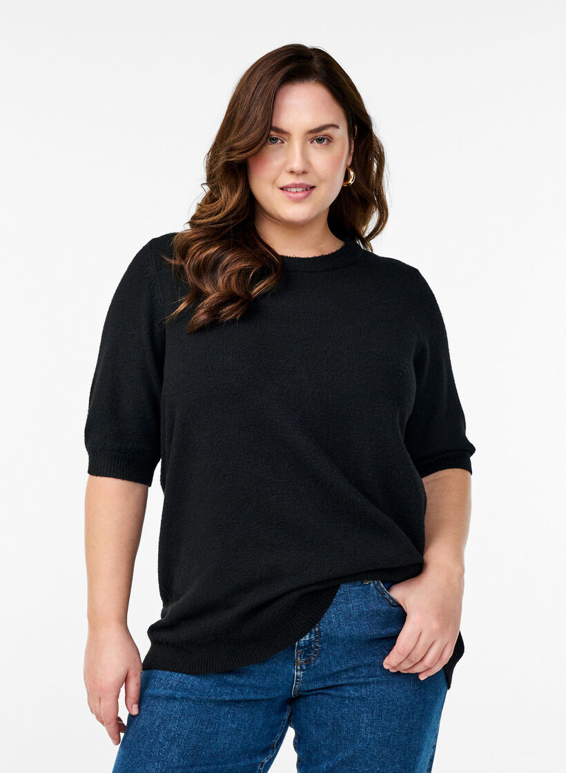 Bluse aus Strick mit kurzen &Auml;rmeln, Schwarz, Model image number 0