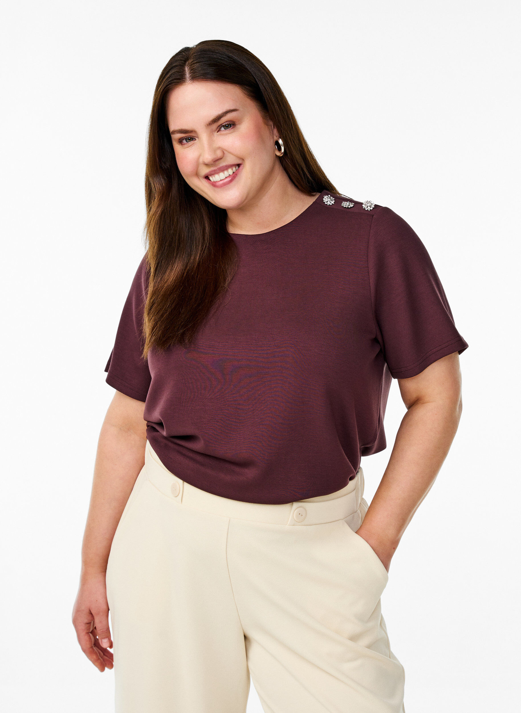 ZizziKurz&auml;rmelige Bluse mit Knopfdetail, Dunkles Bordeaux, Model image number 0