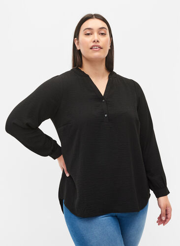 	 Langärmelige Bluse mit V-Ausschnitt, Black, Model image number 0