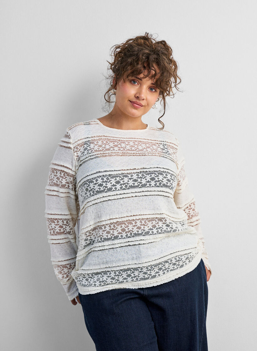 Bluse aus Spitze mit langen &Auml;rmeln, Vanille, Model image number 0