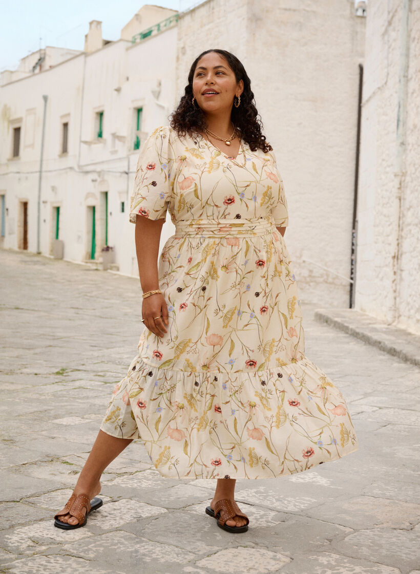 Gebl&uuml;mtes Midi-Kleid in A-Linienform, Beige, Image image number 0