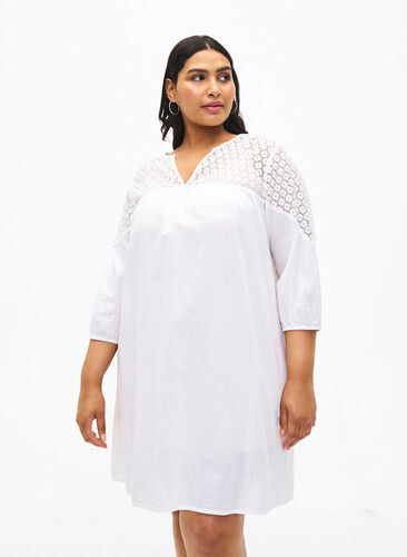 Kleid aus einer Baumwollmischung mit Leinen und Häkeldetails, Bright White, Model image number 0