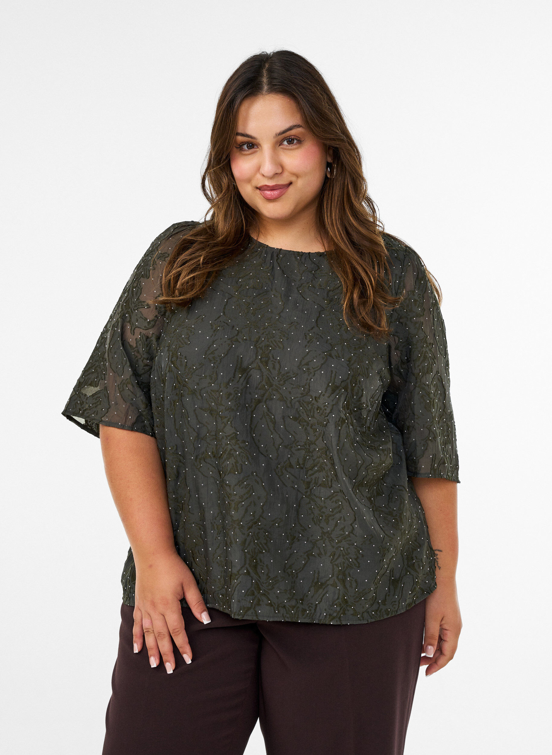 ZizziJacquardbluse mit funkelnden Details und Puff&auml;rmeln, Gr&uuml;n, Model image number 0
