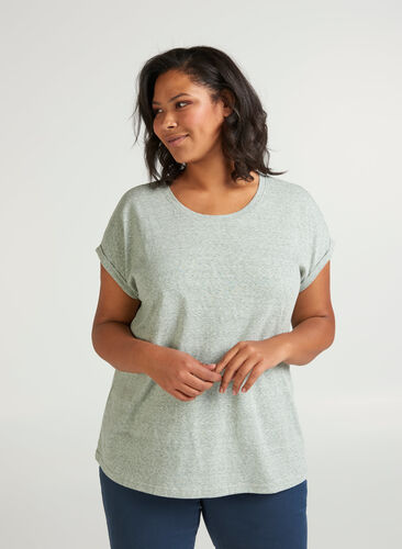 Meliertes T-Shirt aus Baumwolle, Green Mélange, Model image number 0