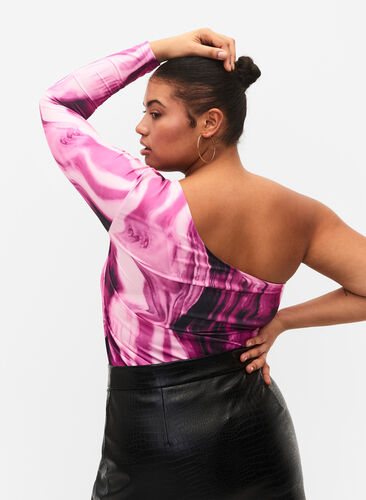 One-Shoulder Bluse mit Print, Raspberry Rose AOP, Model image number 1
