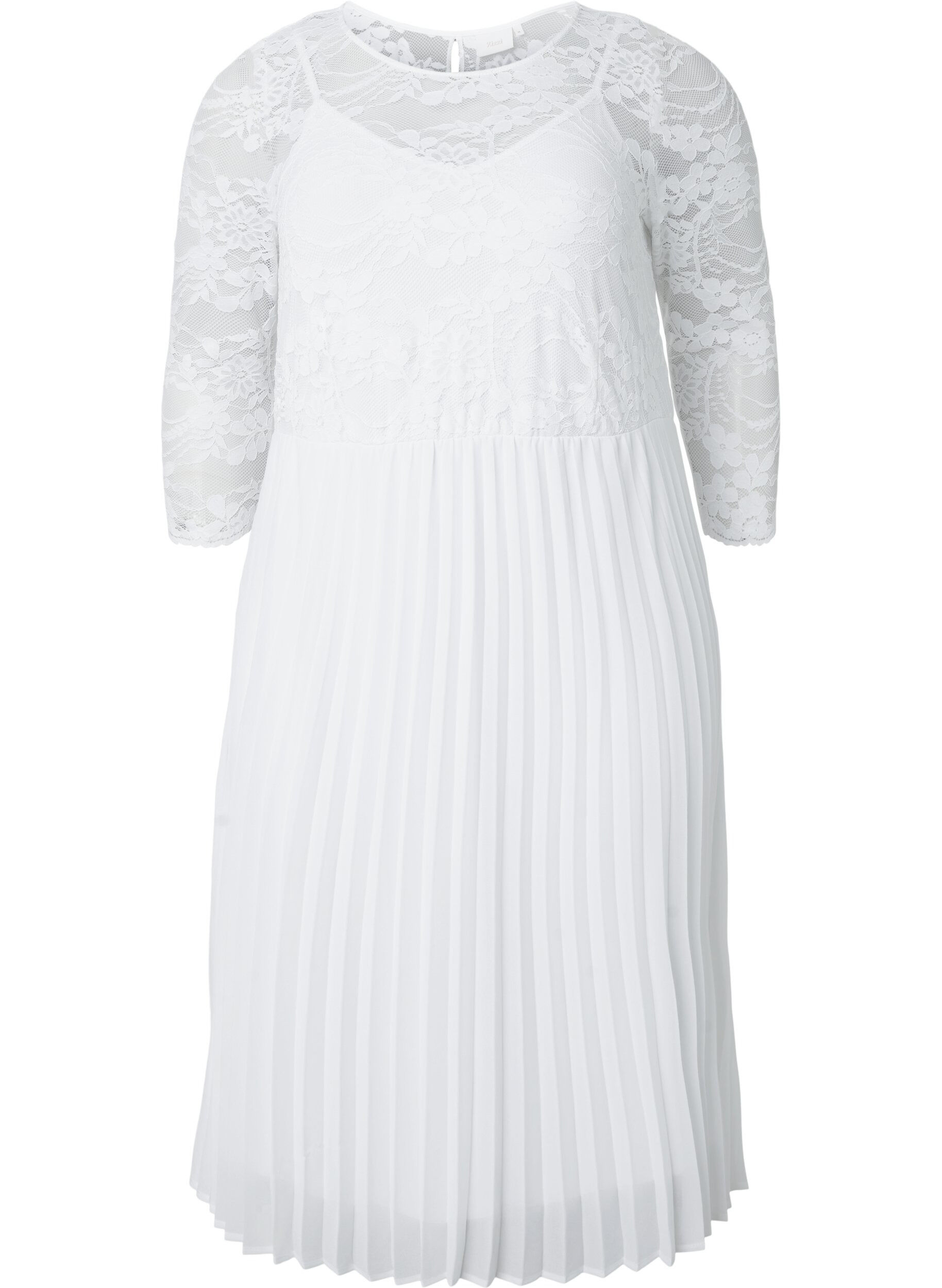 ZizziPlissiertes Kleid mit Spitze und 3/4-&Auml;rmeln, Bright White, Packshot image number 0