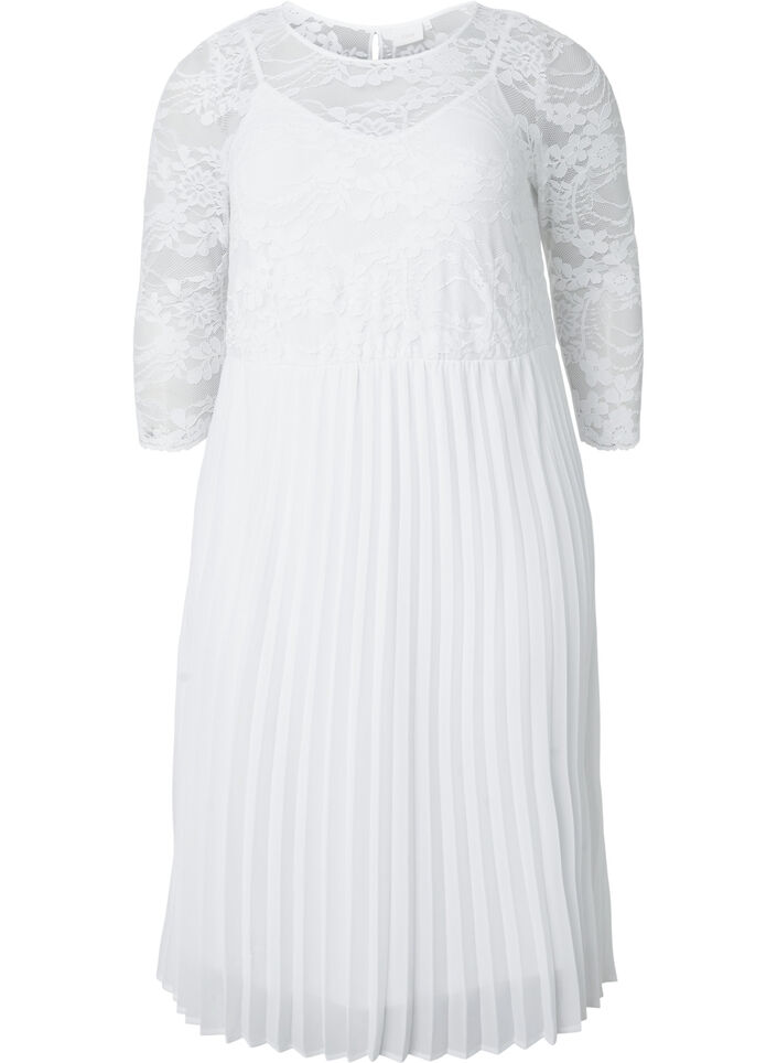 Plissiertes Kleid mit Spitze und 3/4-Ärmeln, Bright White, Packshot image number 0