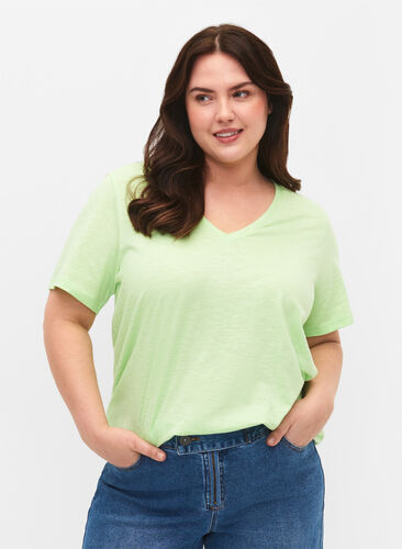 Kurzärmliges Basic-T-Shirt mit V-Ausschnitt, Paradise Green, Model image number 0