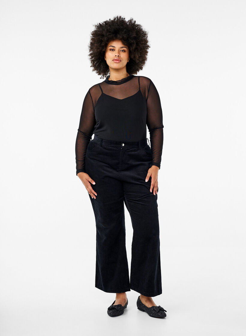 Enganliegende Mesh-Bluse mit langen &Auml;rmeln, Schwarz, Model