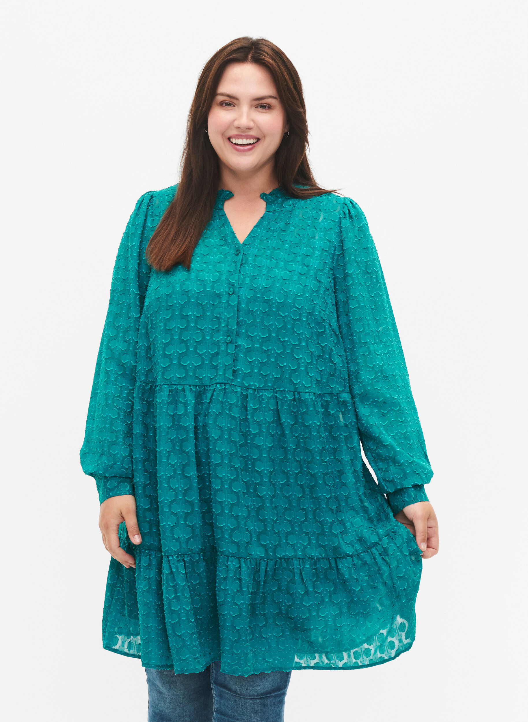 ZizziJacquard-Kleid mit R&uuml;schenkragen, Deep Lake, Model image number 0