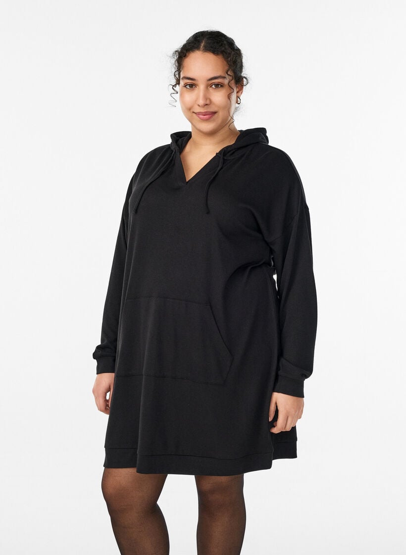 Kurzes Hoodie-Kleid mit K&auml;ngurutasche, Schwarz, Model image number 0