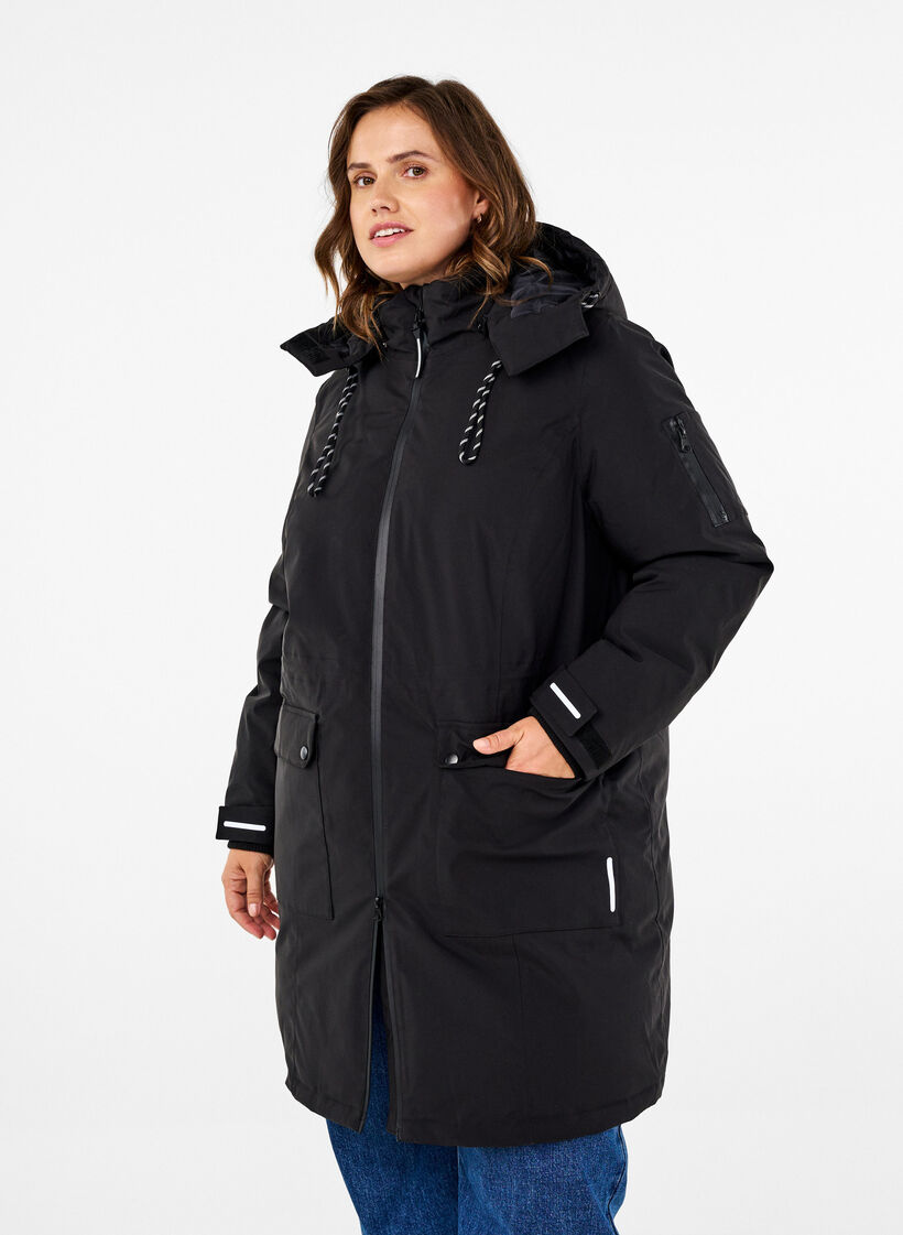 Praktische Winterjacke mit Kapuze und Taschen, Schwarz, Model image number 0