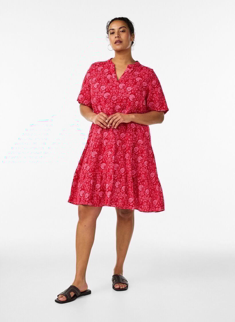 Kurzes A-Linien-Kleid aus Baumwollmusselin, Rot, Model image number 1