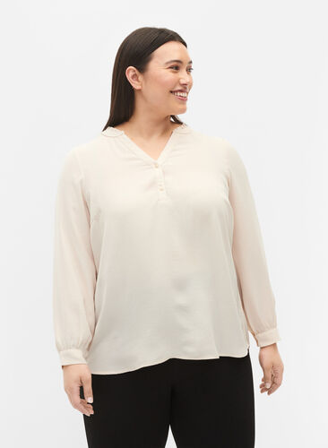 	 Langärmelige Bluse mit V-Ausschnitt, Warm Off-white, Model image number 0