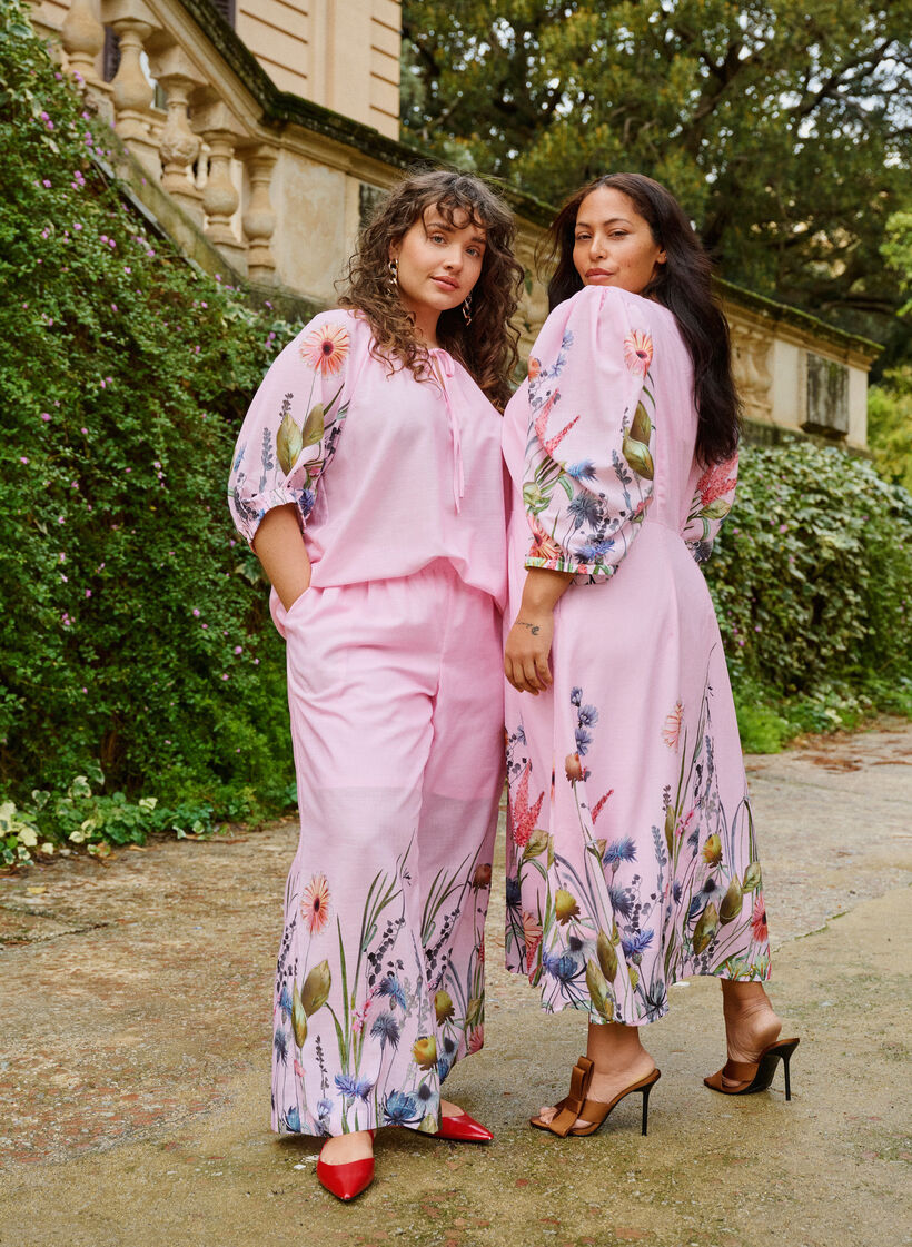 Hose mit gebl&uuml;mtem Muster und weiten Beinen, Pink, Image image number 0