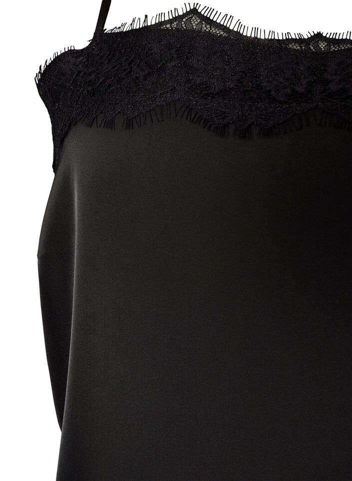 Langes Top aus Satin mit Spitzen, Schwarz, Packshot image number 2