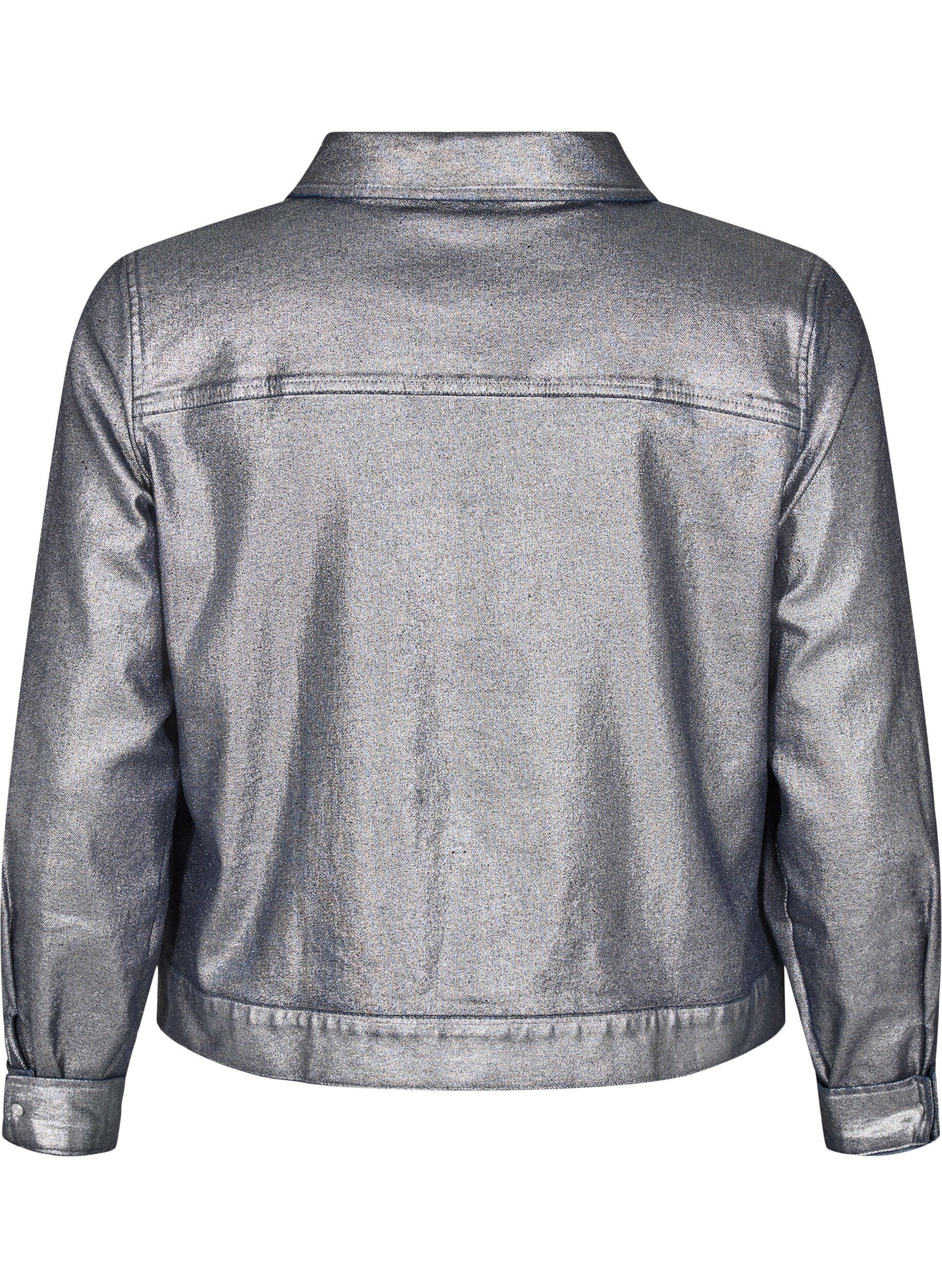 ZizziKurze Jeansjacke in Silberbeschichtung, Gun Silver, Packshot image number 1