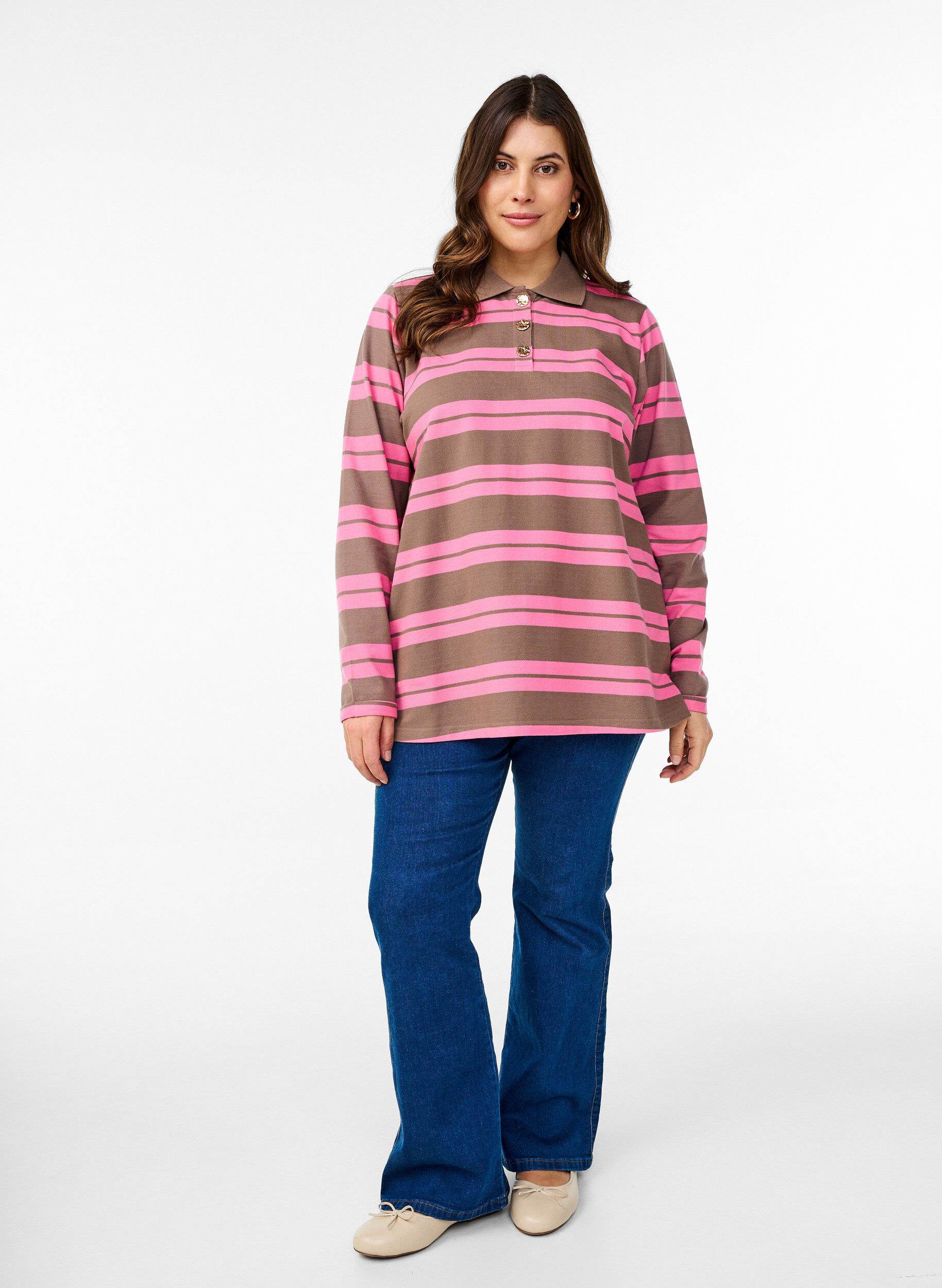 ZizziPoloshirt mit langen &Auml;rmeln und Streifenmuster, Pink, Model image number 1
