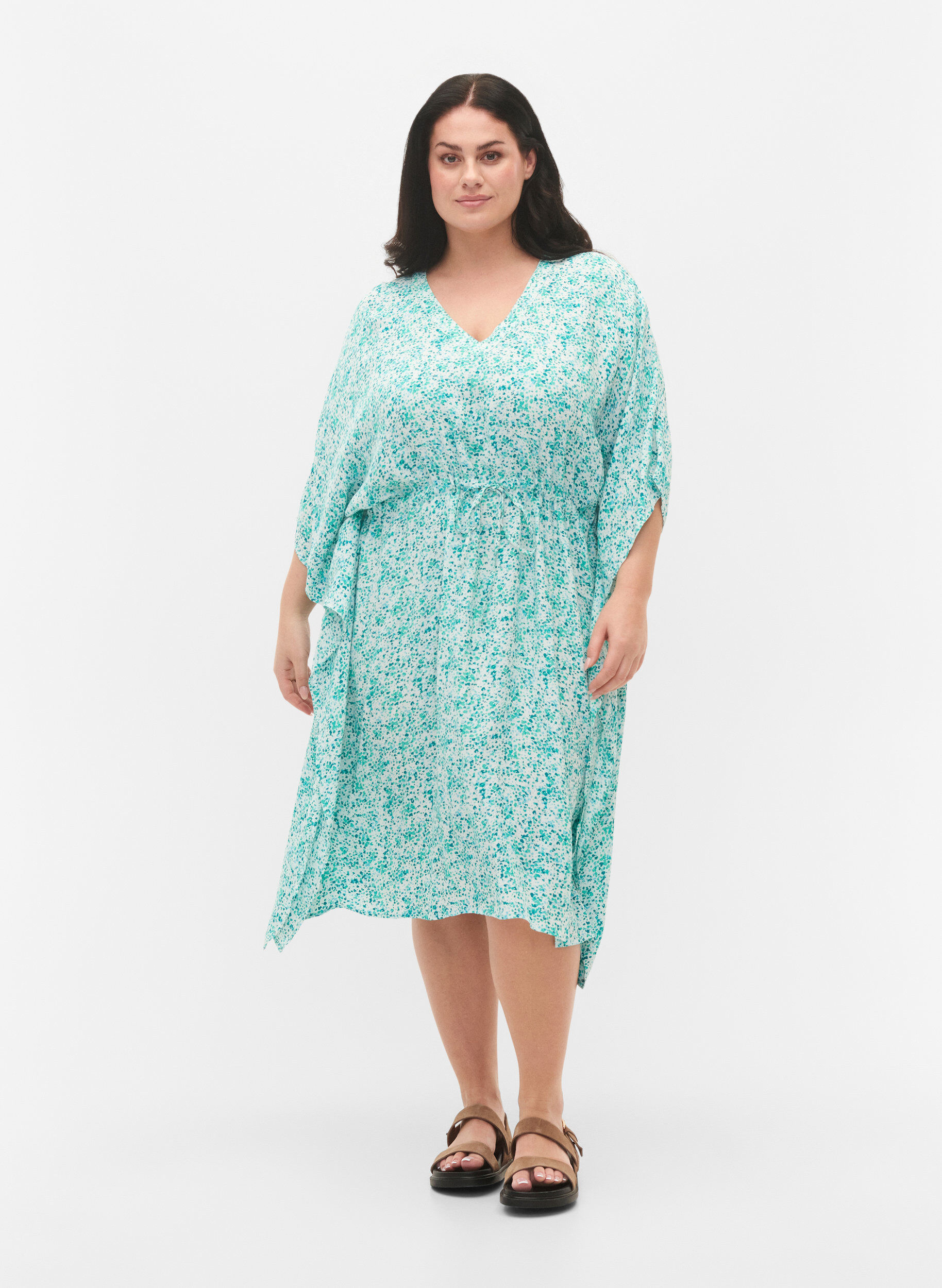ZizziViskose Kaftan Kleid mit Druck, Green Dot, Model image number 3