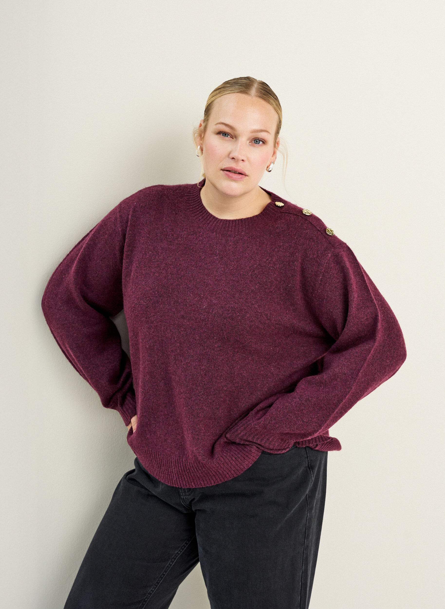 ZizziStrickbluse mit Knopfleiste, Dunkles Bordeaux, Image image number 0