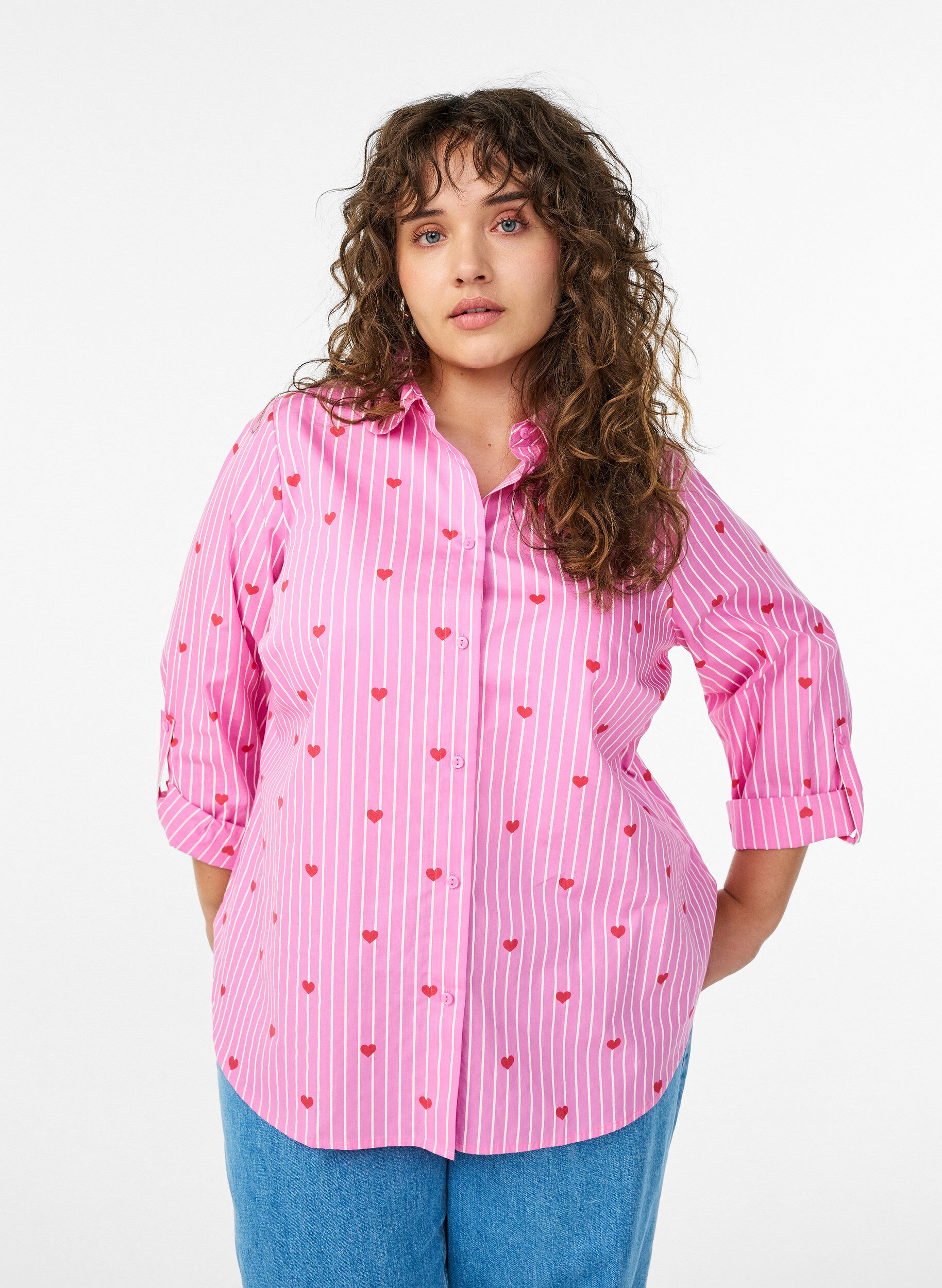 ZizziHemdbluse mit Streifen und Herzen, Pink, Model image number 0