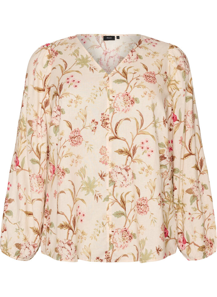 Gebl&uuml;mte Bluse aus Leinen und Viskose mit langen &Auml;rmeln, Vanille, Packshot image number 0