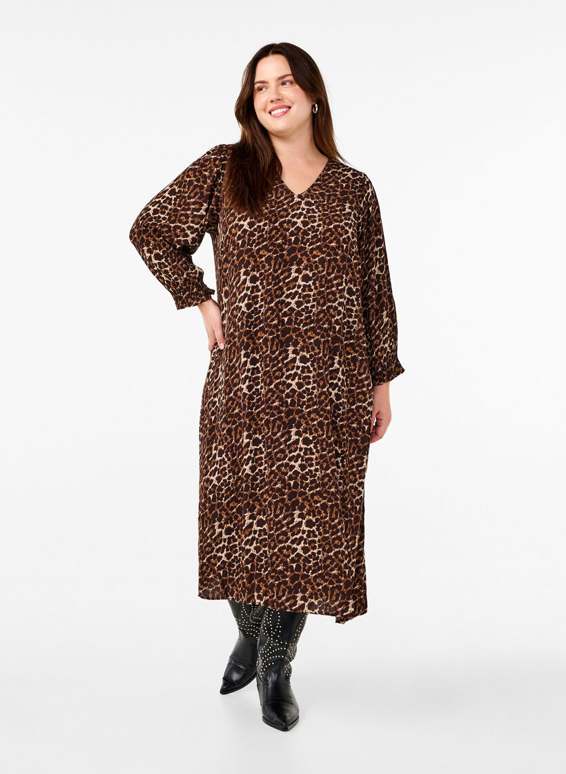 Langes Kleid mit Leopardenmuster und 3/4-Ärmeln, Leo AOP, Model image number 0