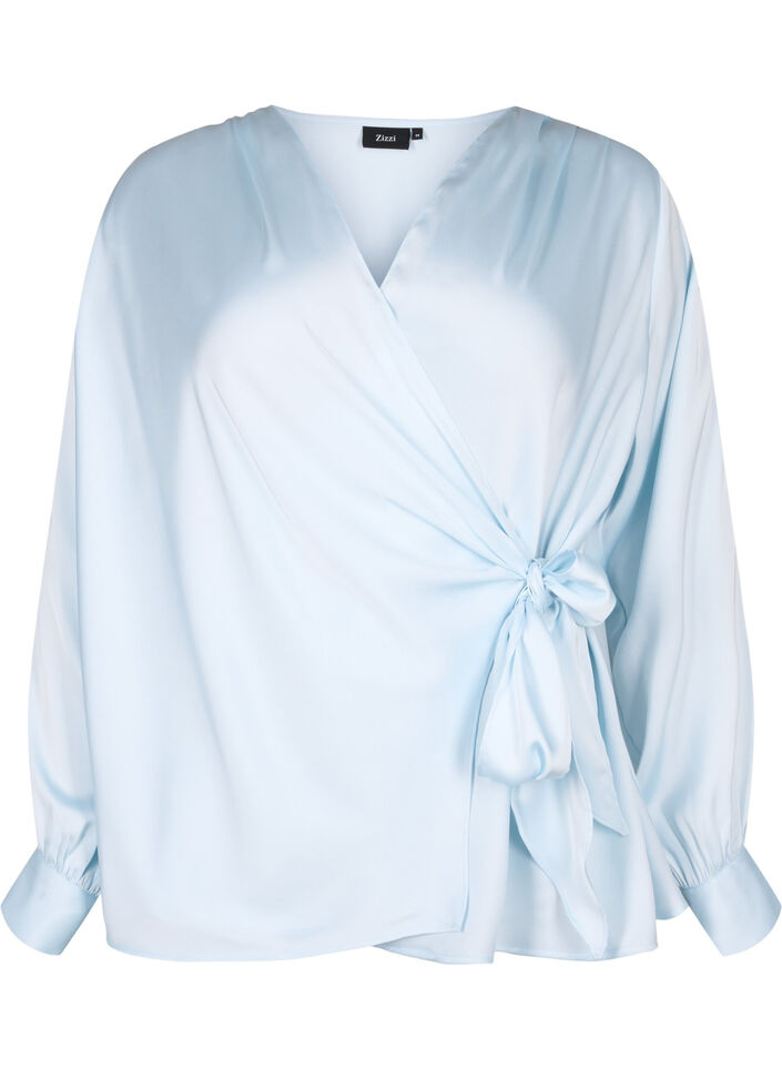  Partybluse aus Satin in Wickeloptik, Delicate Blue, Packshot image number 0