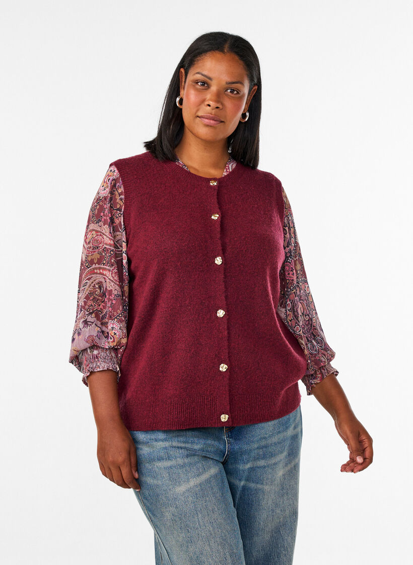 Strickweste mit dekorativen Kn&ouml;pfen, Dunkles Bordeaux, Model image number 0