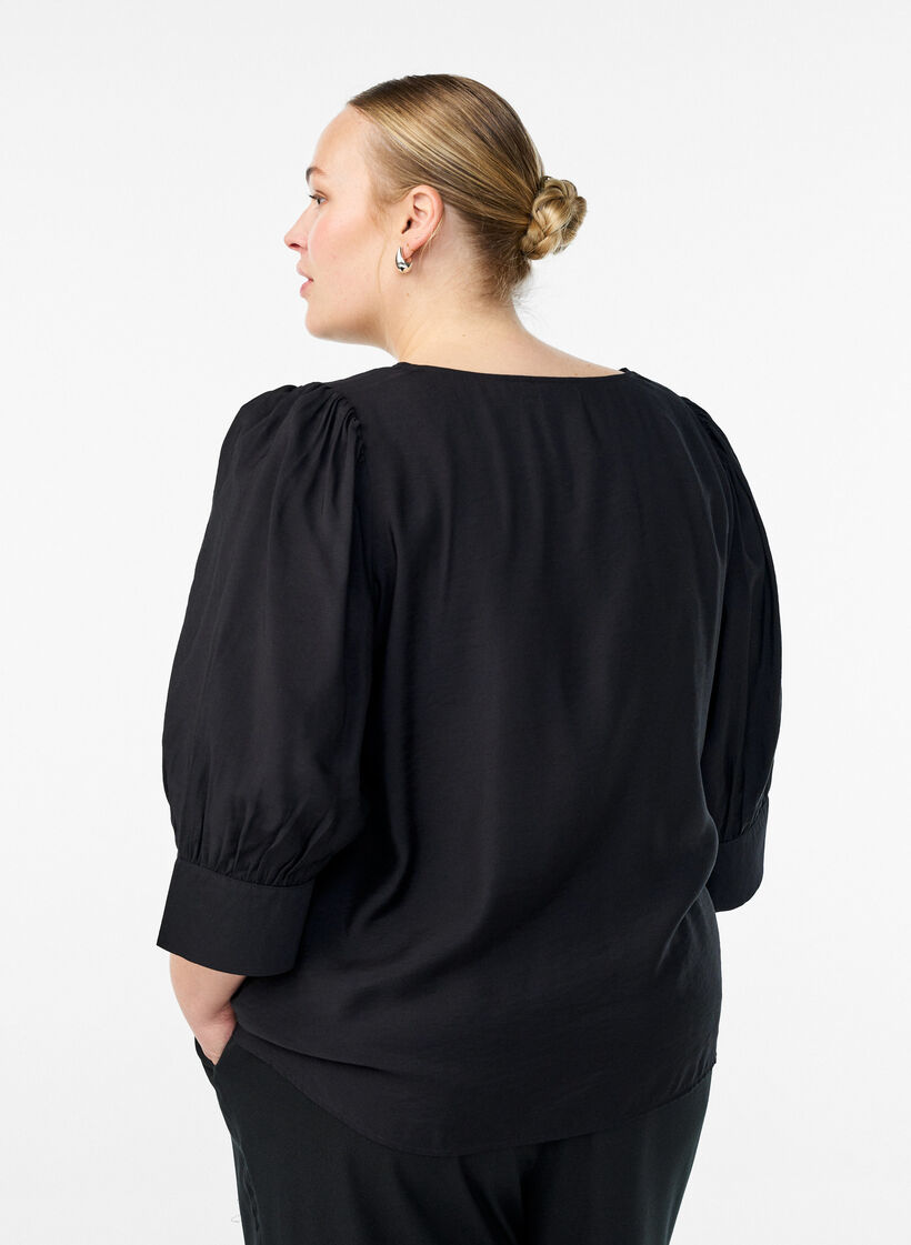 Bluse mit V-Ausschnitt und 3/4-Ärmeln, Schwarz, Model image number 2