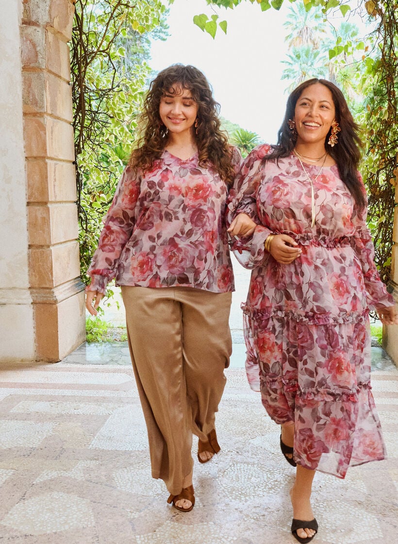 Gebl&uuml;mte Bluse mit V-Ausschnitt und R&uuml;schen&auml;rmeln, Rot, Image image number 0