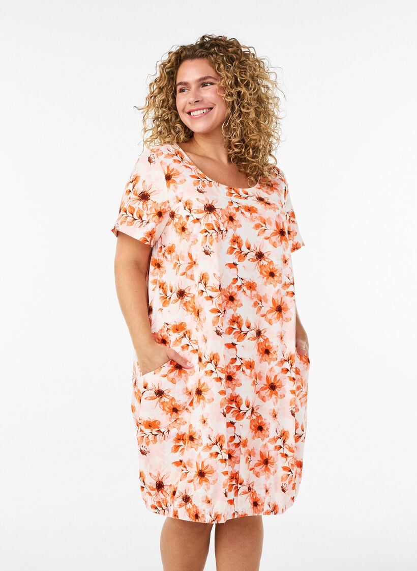 Kurz&auml;rmliges Baumwollkleid mit Aufdruck, Orange, Model image number 0