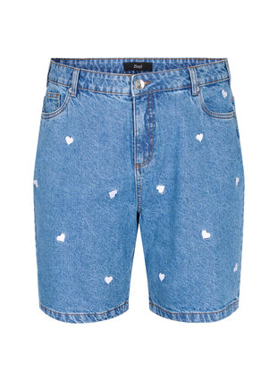 Denim-Shorts mit hoher Taille und mit Herzen bestickt, Light Blue Heart, Packshot image number 0