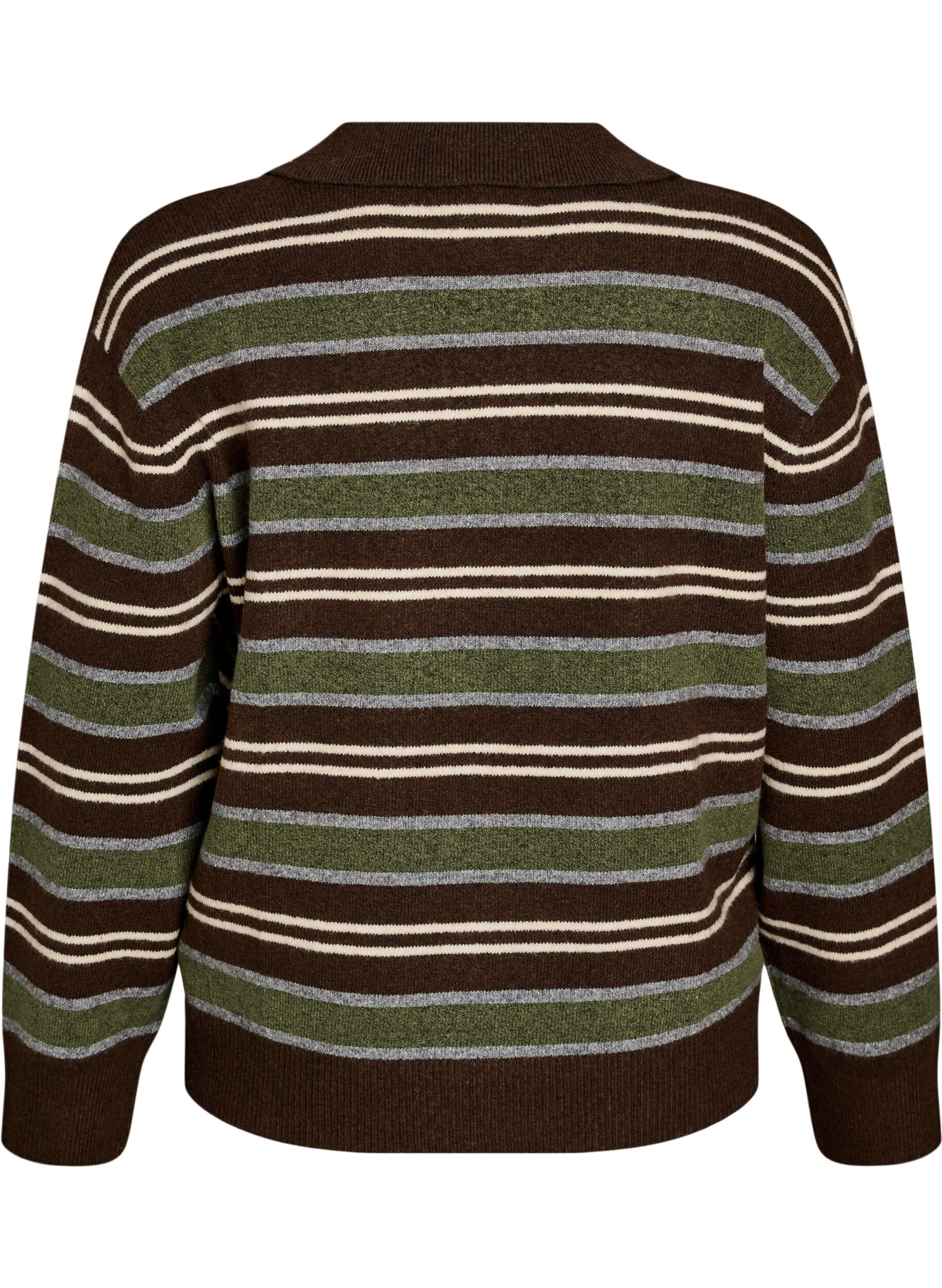 ZizziStrickbluse mit Streifen und Polokragen, Braun, Packshot image number 1
