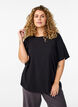 Kurz&auml;rmelige, gewebte Bluse mit Rundhals, Schwarz, Model image number 0