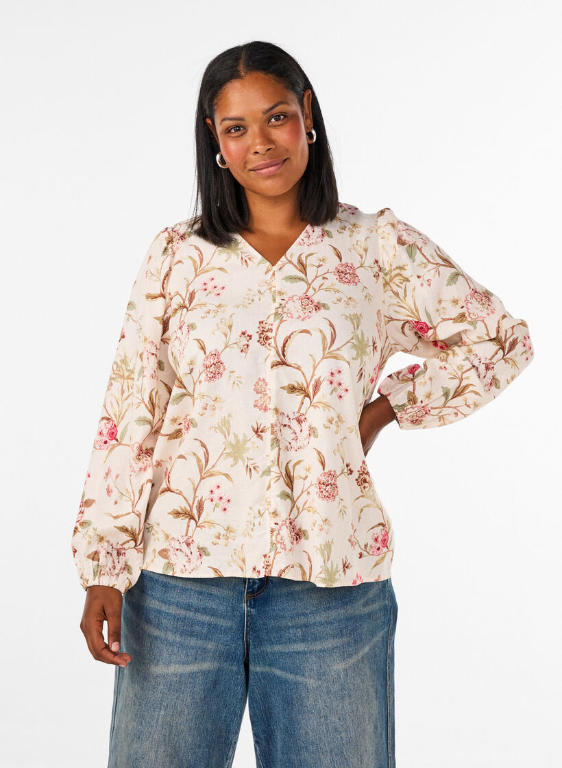 Gebl&uuml;mte Bluse aus Leinen und Viskose mit langen &Auml;rmeln, Vanille, Model image number 0