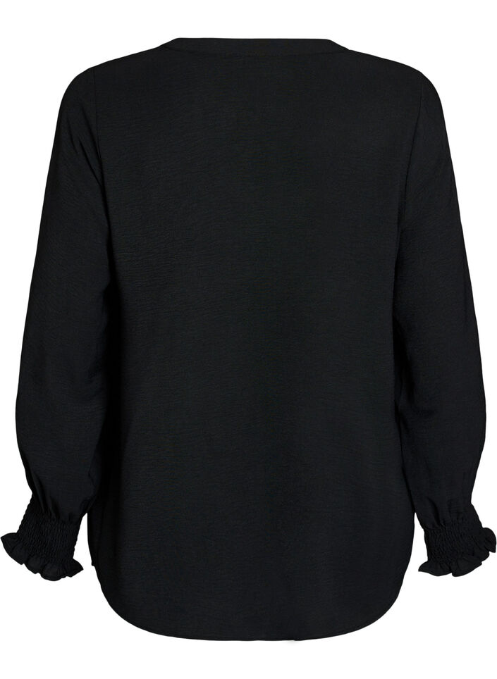 Bluse mit Smockb&uuml;ndchen und V-Ausschnitt, Schwarz, Packshot image number 1