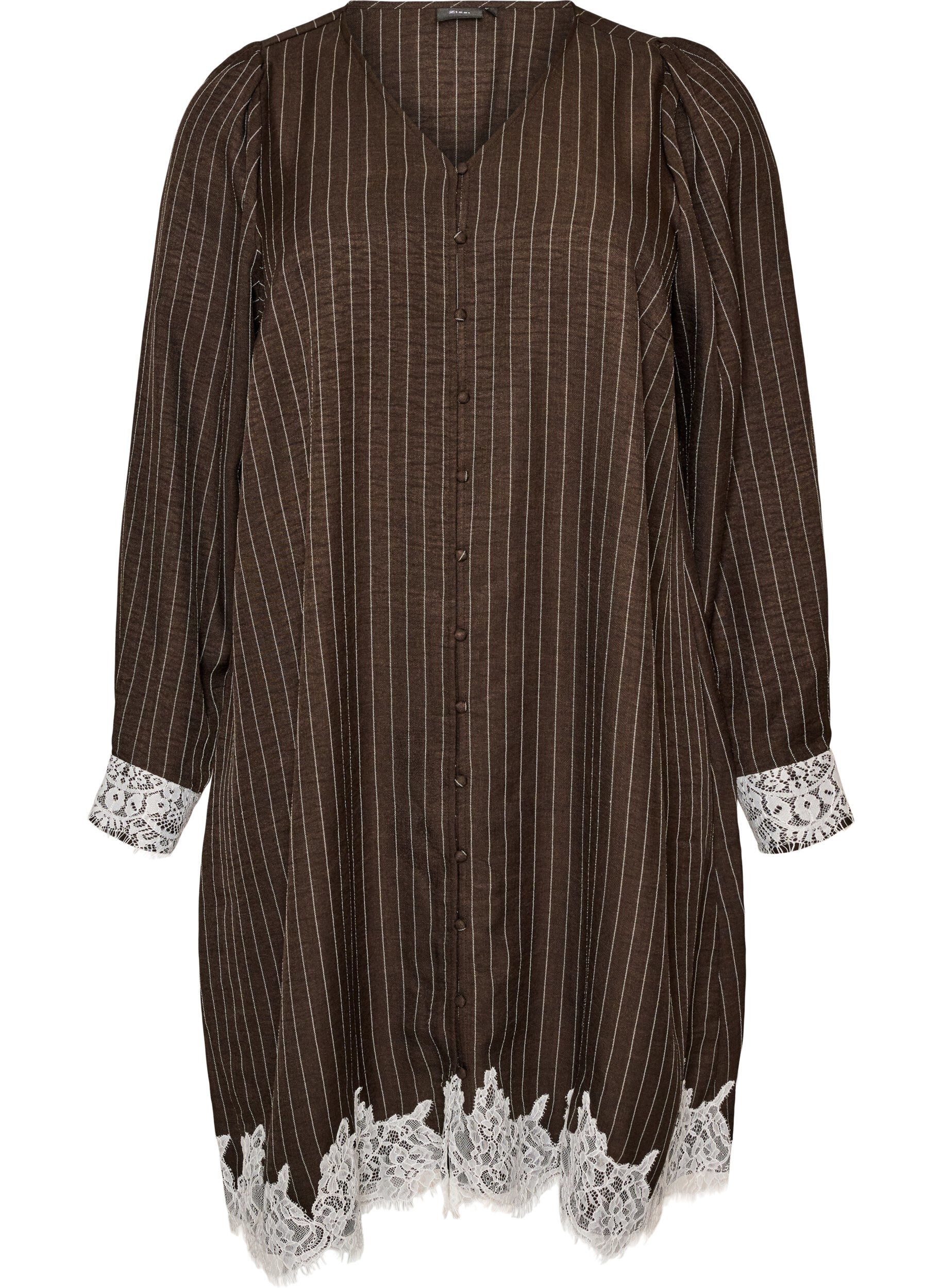 Knielanges Kleid mit Nadelstreifen und Spitzenbesatz
