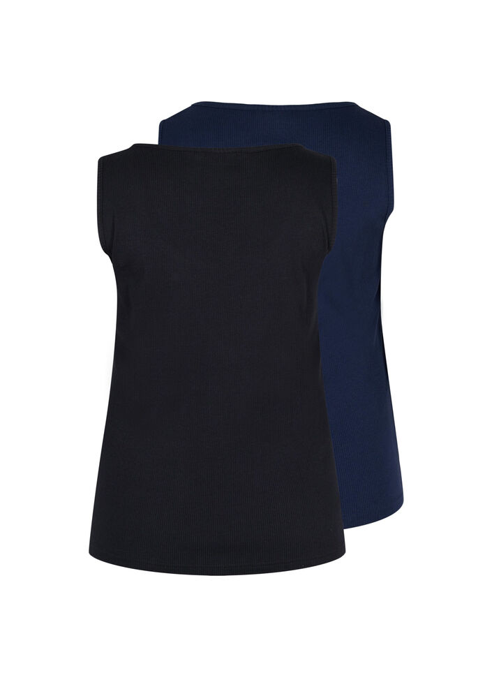 2er-Pack Basic Tanktop in Ripp Optik, Black/Navy Blazer, Packshot image number 1