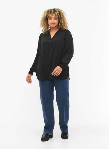 Bluse mit Smok und V-Ausschnitt, Black, Model image number 2