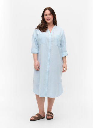 Gestreiftes Hemdkleid aus Baumwolle, Blue Stripe, Model image number 2