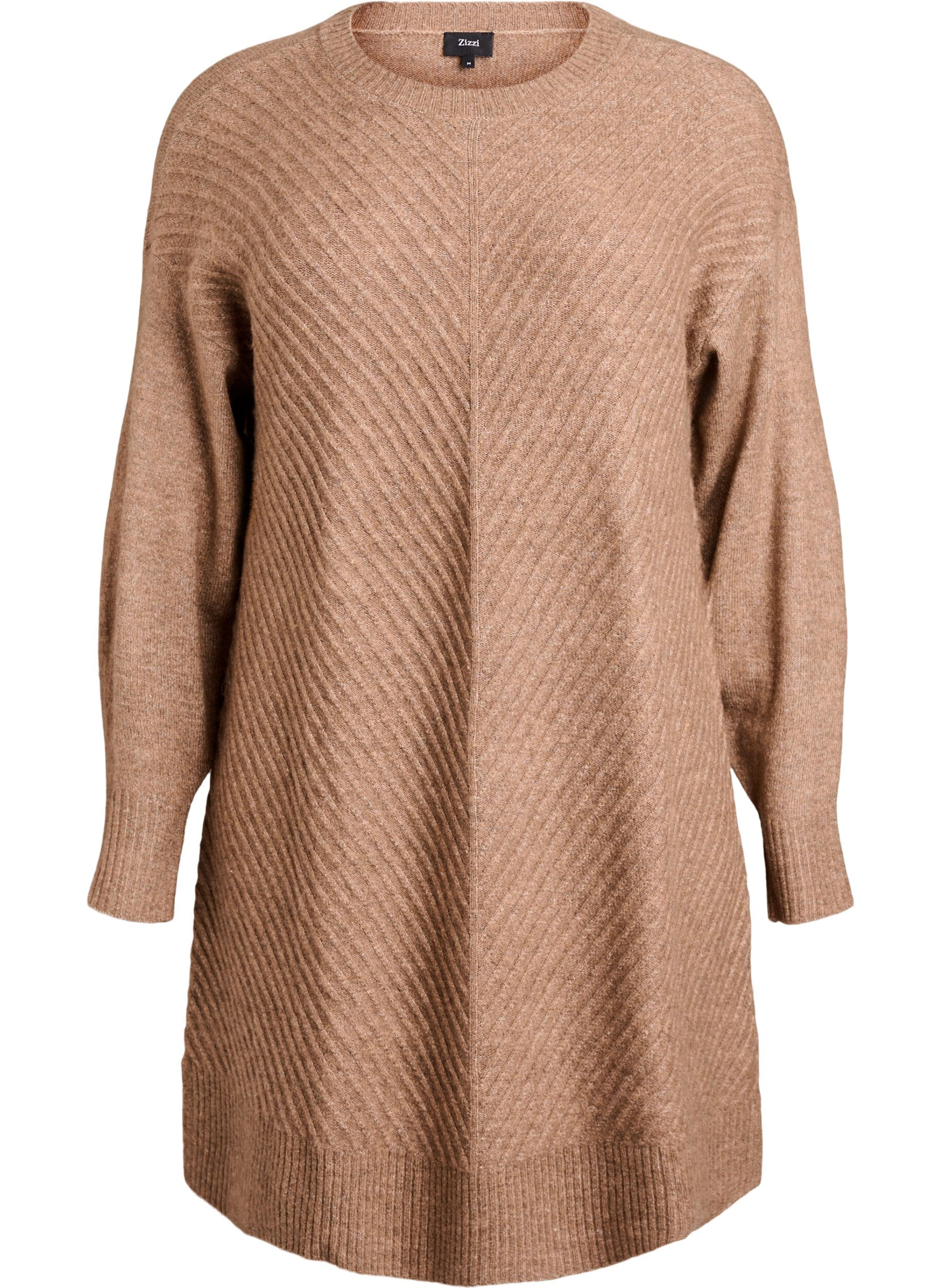 ZizziKurzes Strickkleid mit V-f&ouml;rmigem Strukturmuster, Braun, Packshot image number 0