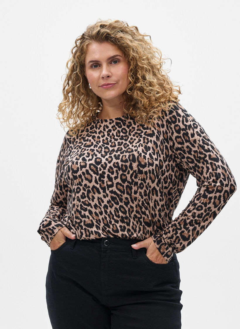 Langärmlige Bluse mit Leopardenmuster, Braun, Model image number 0