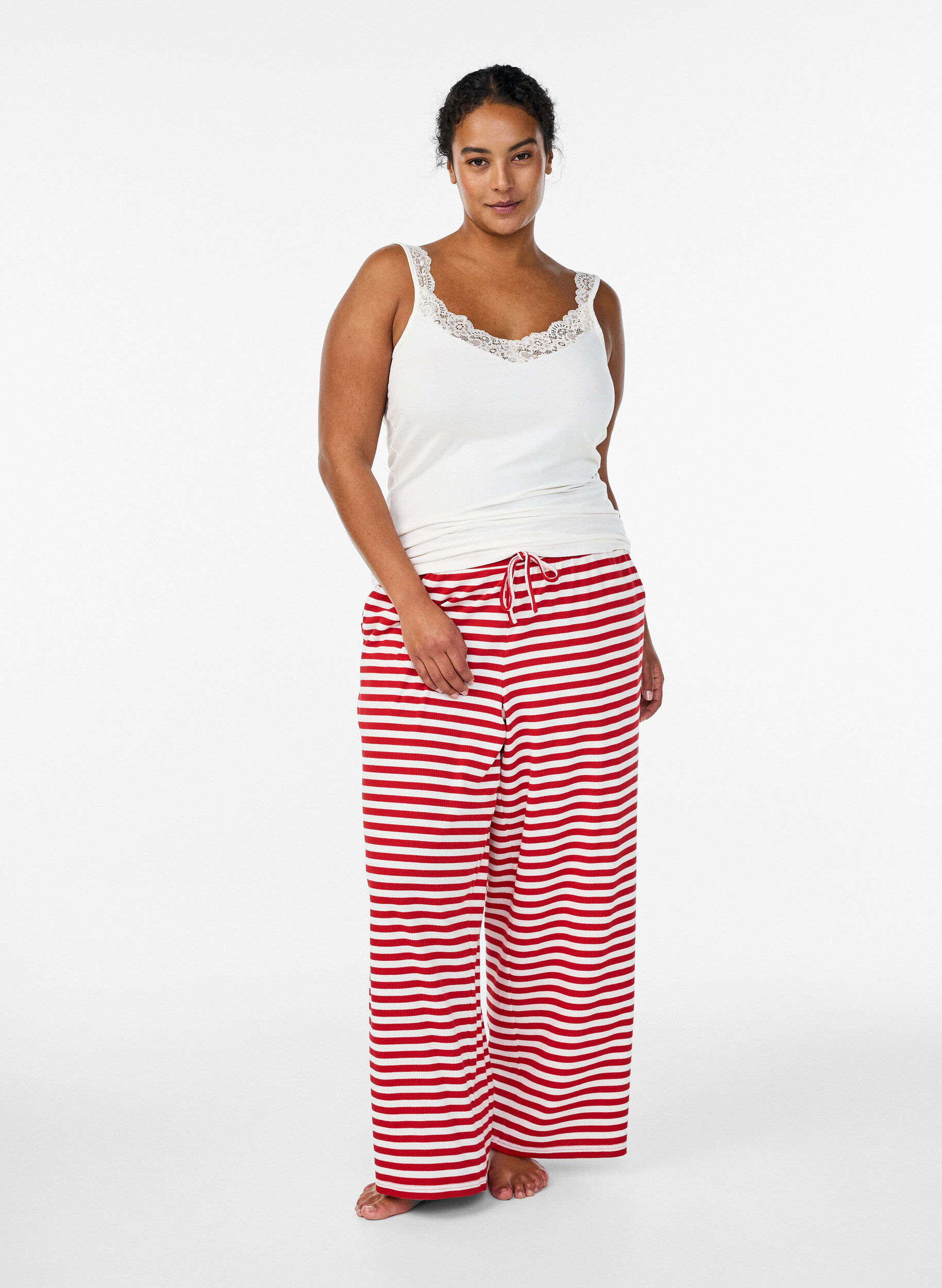 ZizziGestreifte Schlafanzughose mit hoher Taille und weiten Beinen, Rot, Model image number 0