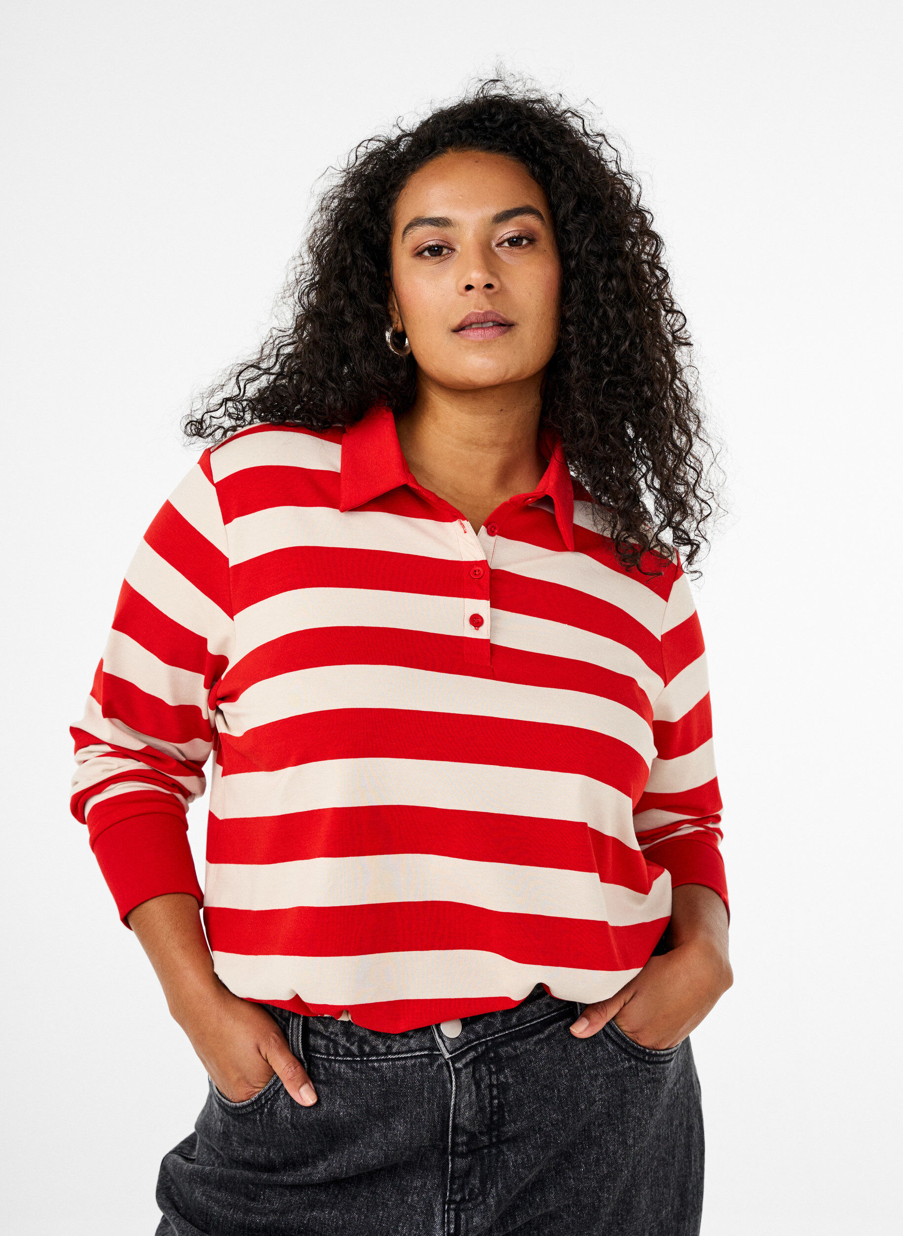 ZizziLangarm-Poloshirt mit Streifen, Rot, Model image number 0