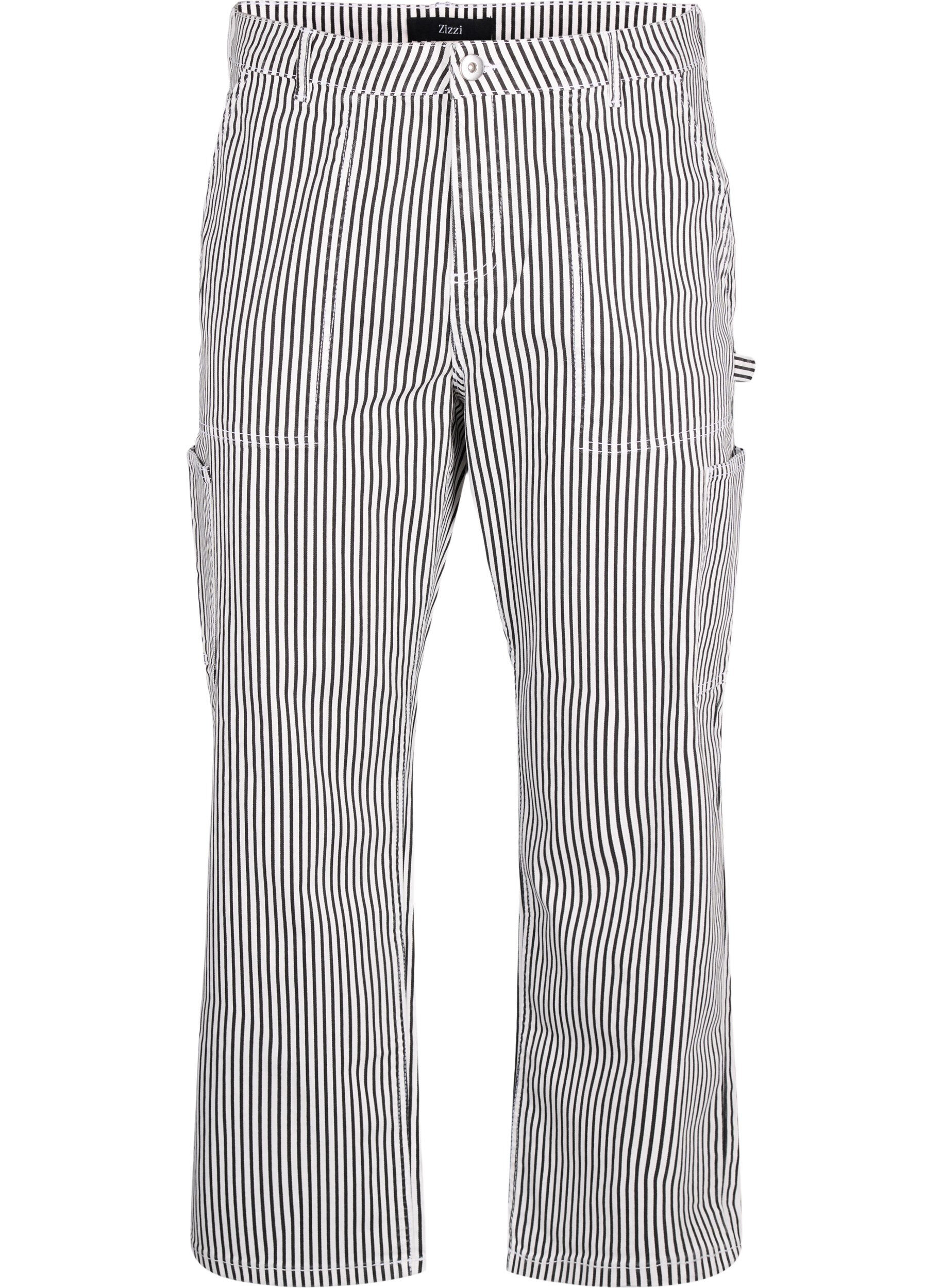 ZizziGestreifte Cargo-Jeans mit gerader Passform, Black White Stripe, Packshot image number 0