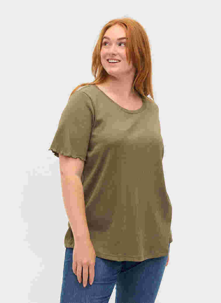 Kurzarm T-Shirt aus Rippqualität, Dusty Olive, Model